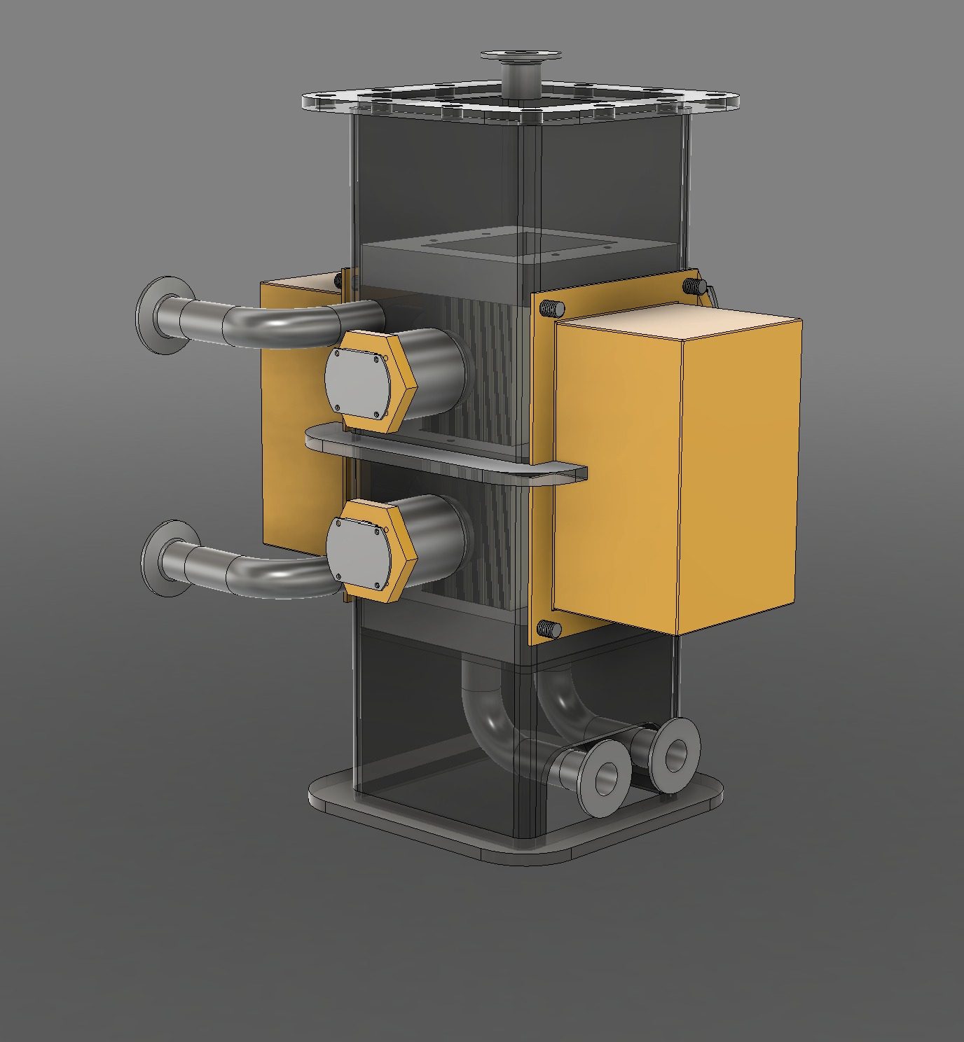 CAD render of the Super Confluence Reactor tower: a transparent vertical vessel with quartz panels, paired transducer housings, and stainless inlet and outlet piping.